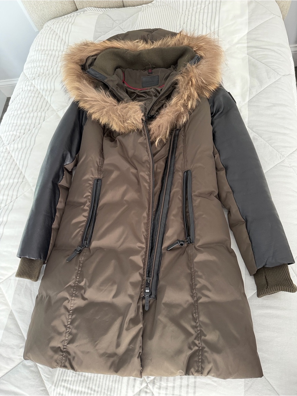 Women's khaki with black leather Hooded Long Puffer Coat with raccoon fur